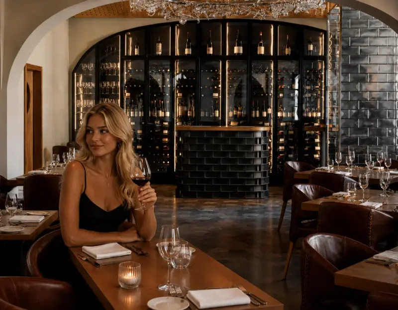 A high-class dinner date escort enjoying a glass of wine at an elegant Prague restaurant with Top Companions