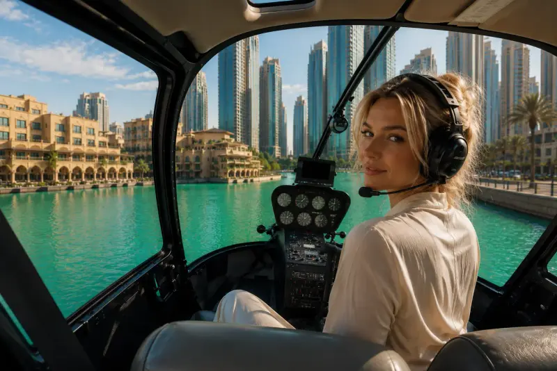 A high-class escort companion in a helicopter overlooking the Dubai skyline with Top Companions