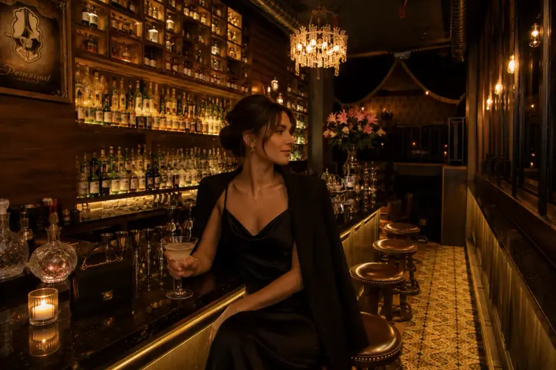 A high-class escort companion enjoying a drink at an intimate bar in Berlin with Top Companions