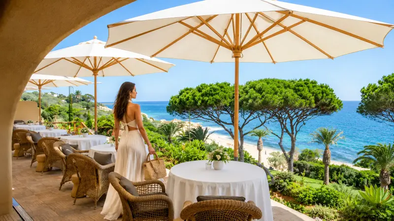 High-class escort companion on a clifftop terrace at a luxury hotel in the Algarve
